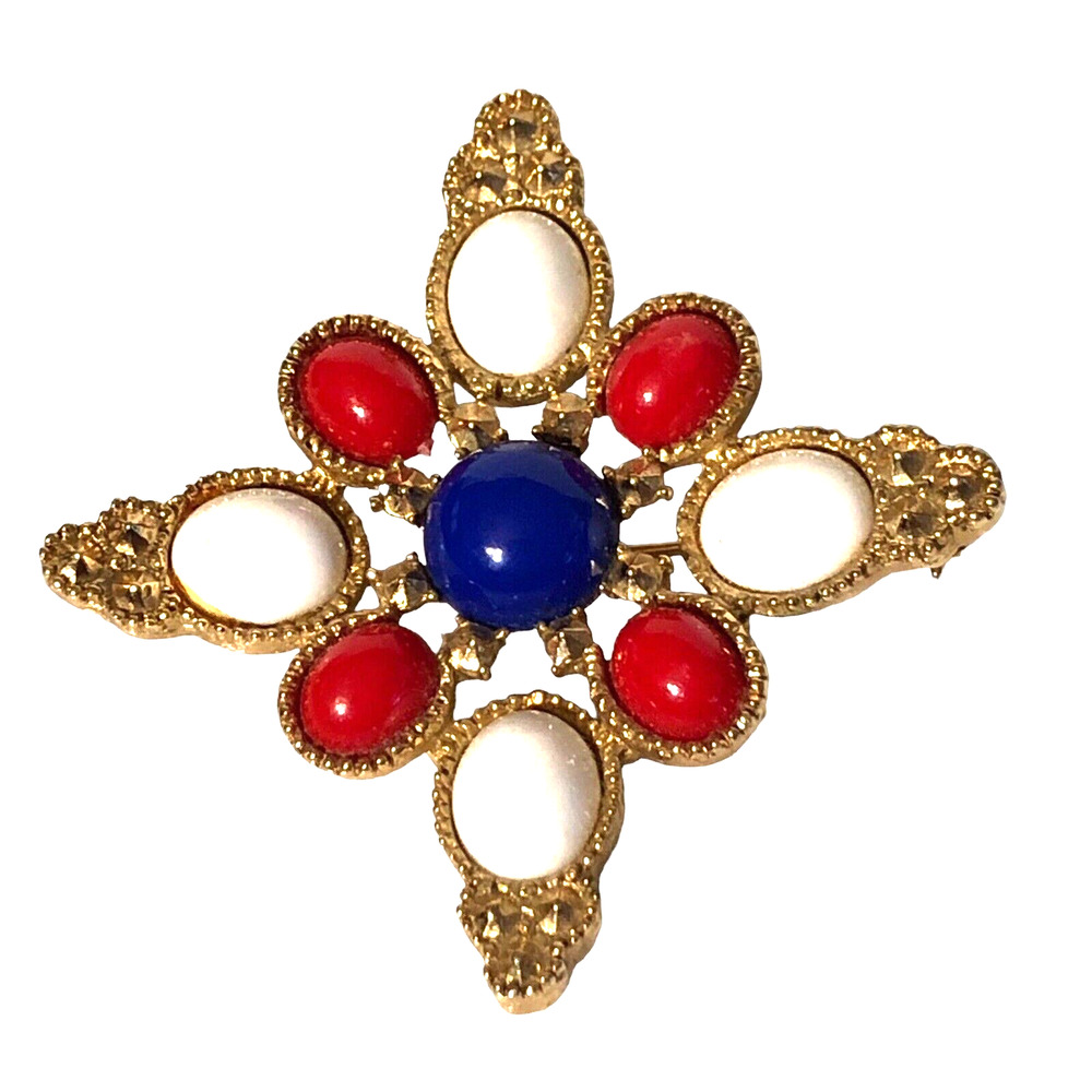 Vintage 1971 Sarah Coventry Americana Brooch Pin Red White Blue Cabochon Signed‎